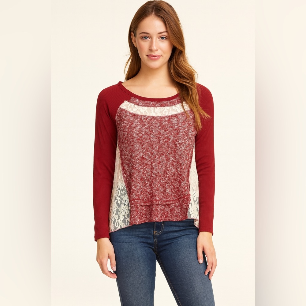 Almost Famous Burgundy Shirt with lace details. Size Lar…
